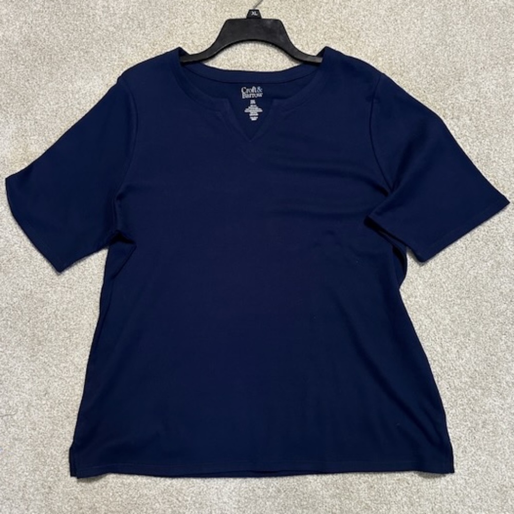 Croft & Barrow Navy Knit Top Scoop Neck Notch Vee Elbow Length Sleeves XXL